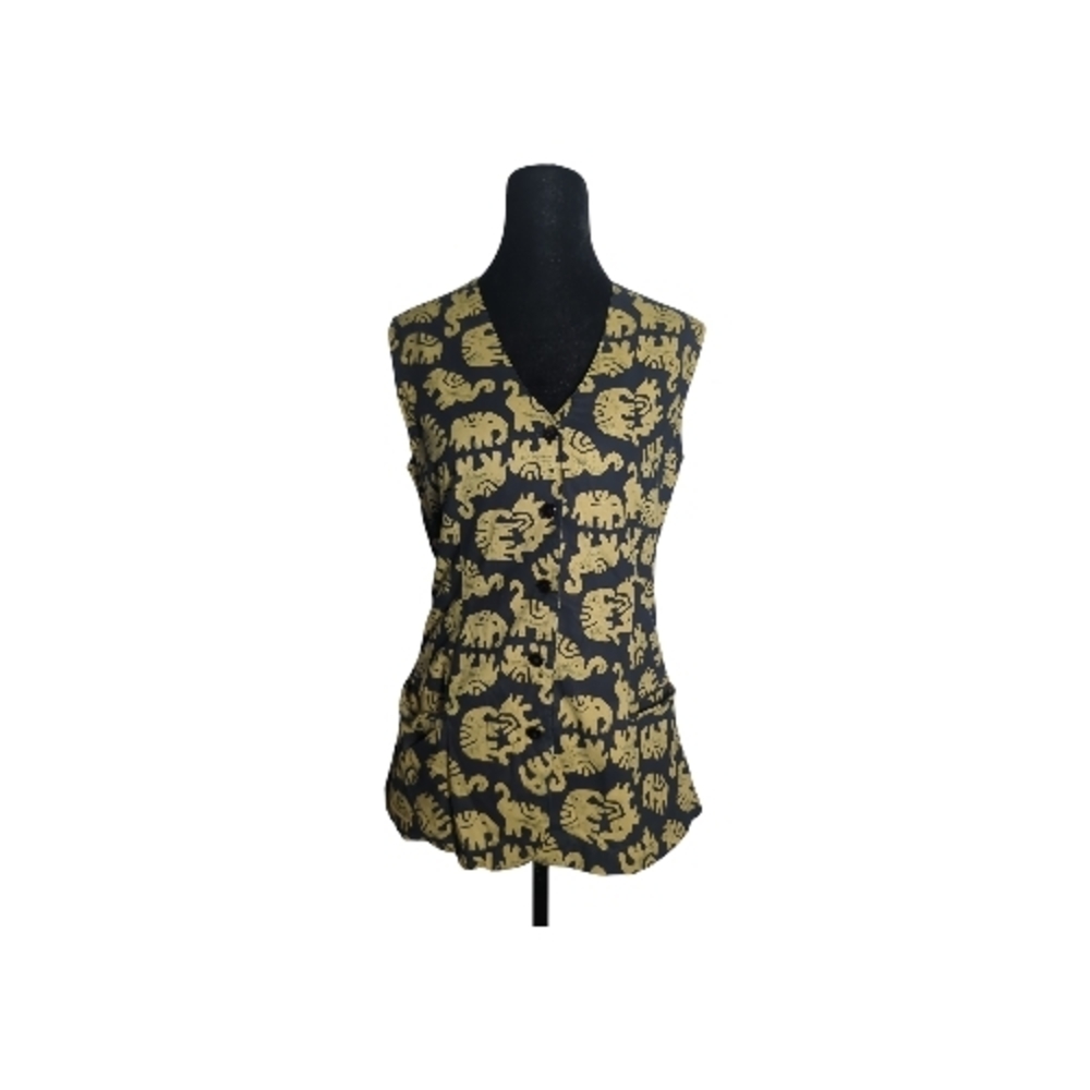 Vintage Small Sleeveless Black Cotton Shirt with Gold Elephant Print Y2K Novelty